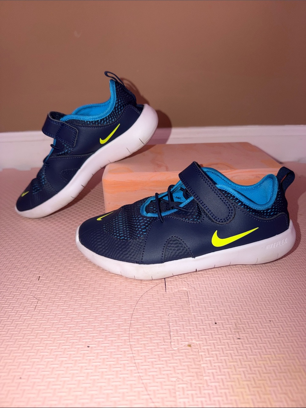 Nike Kids Navy & Blue Sneakers with Neon Yellow Swoosh (Size: 3 Youth)